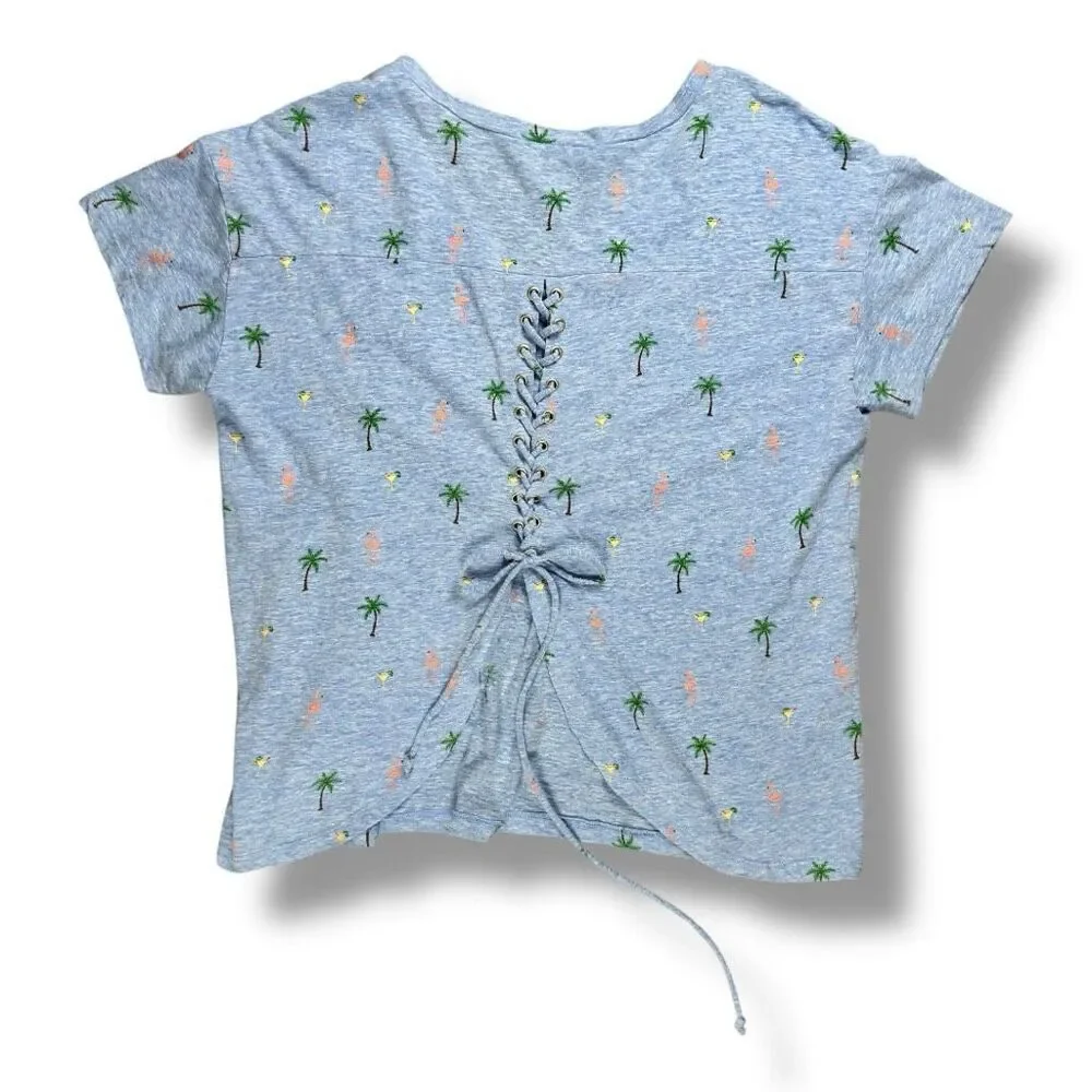 Miss Me Tropical Palm Flamingo Lace-Up Back Tee Gray Blue Medium - Picture 5 of 9